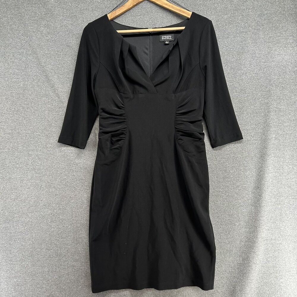 Adrianna Papell Dress Womens 8 Black Ruched V-Neck Short Sleeve Sheath Cocktail